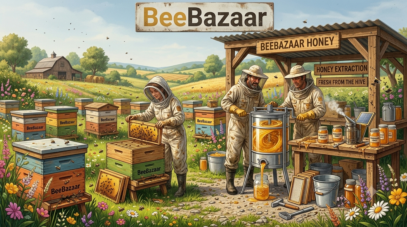 Beekeepers working with honey bee boxes and extracting honey